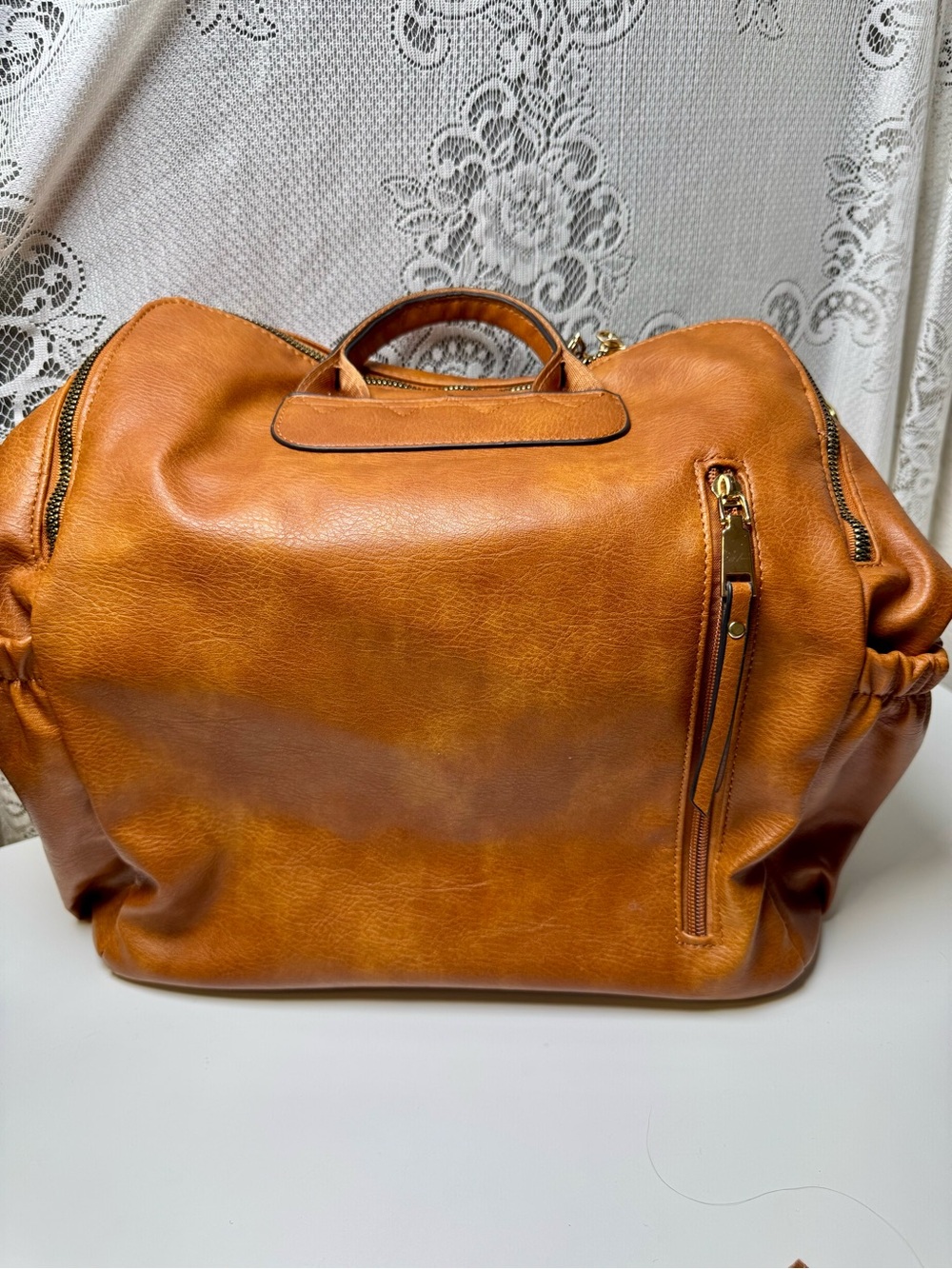 Convertible Vegan Leather Backpack Tote in Cognac with Woven Guitar Strap - Picture 3 of 9